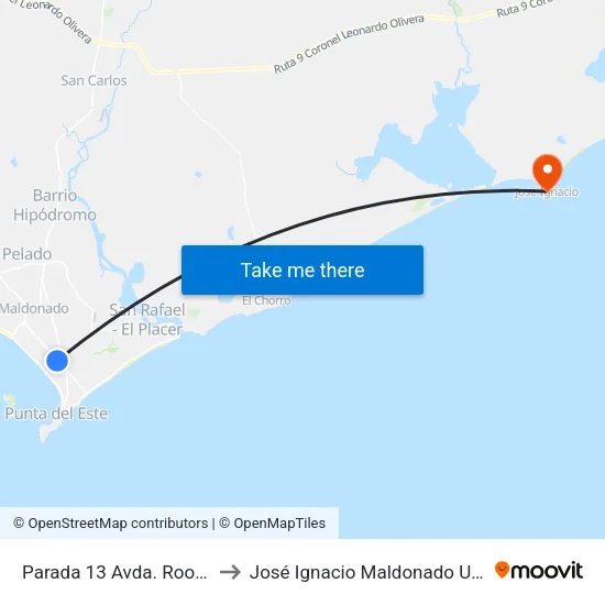 Parada 13 Avda. Roosevelt to José Ignacio Maldonado Uruguay map