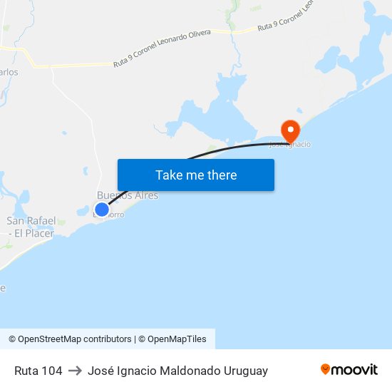 Ruta 104 to José Ignacio Maldonado Uruguay map