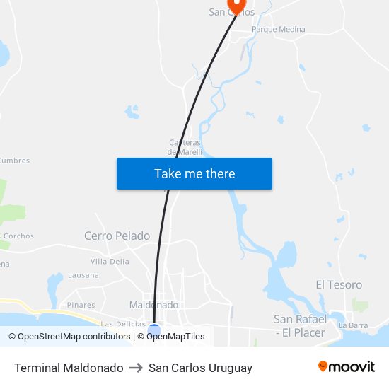 Terminal Maldonado to San Carlos Uruguay map