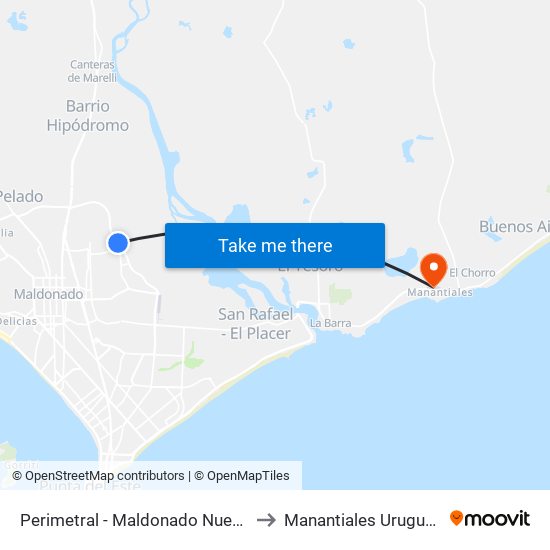 Perimetral - Maldonado Nuevo to Manantiales Uruguay map