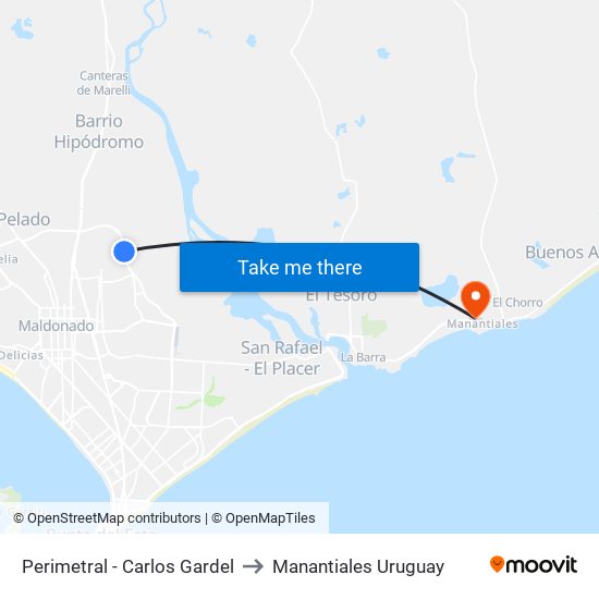 Perimetral - Carlos Gardel to Manantiales Uruguay map