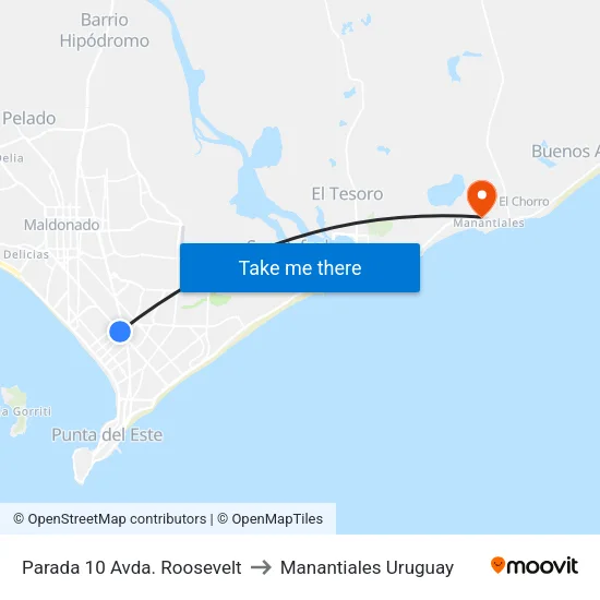 Parada 10 Avda. Roosevelt to Manantiales Uruguay map