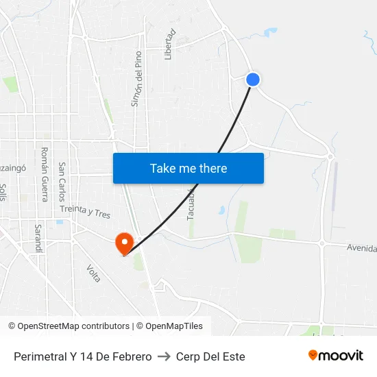 Perimetral Y 14 De Febrero to Cerp Del Este map