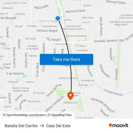 Batalla Del Cerrito to Cerp Del Este map