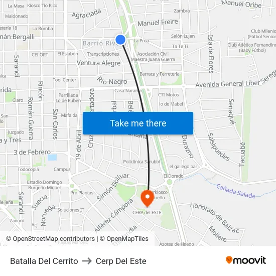 Batalla Del Cerrito to Cerp Del Este map