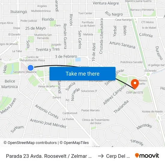 Parada 23 Avda. Roosevelt / Zelmar Michelini to Cerp Del Este map