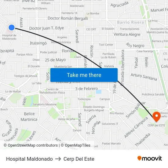 Hospital Maldonado to Cerp Del Este map