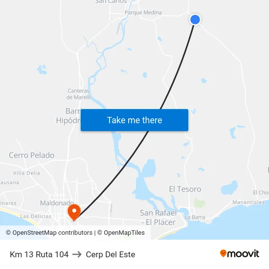 Km 13 Ruta 104 to Cerp Del Este map