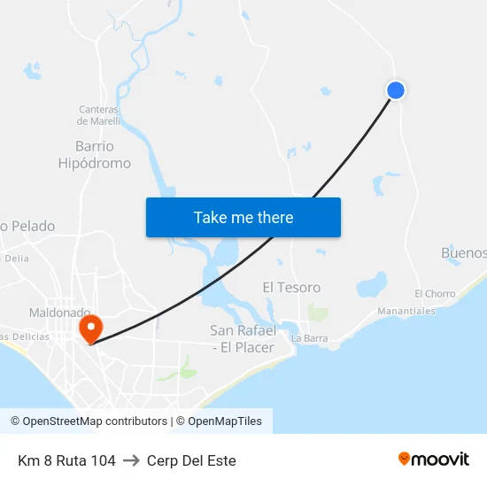 Km 8 Ruta 104 to Cerp Del Este map