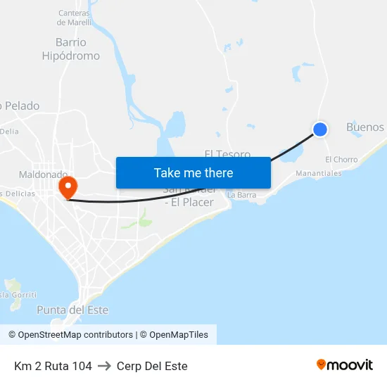 Km 2 Ruta 104 to Cerp Del Este map