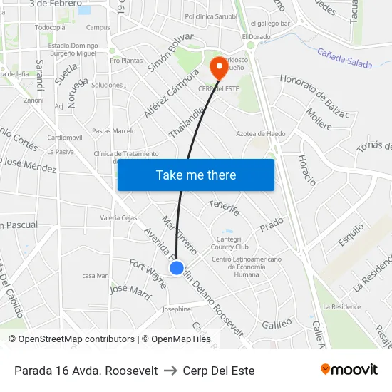 Parada 16 Avda. Roosevelt to Cerp Del Este map