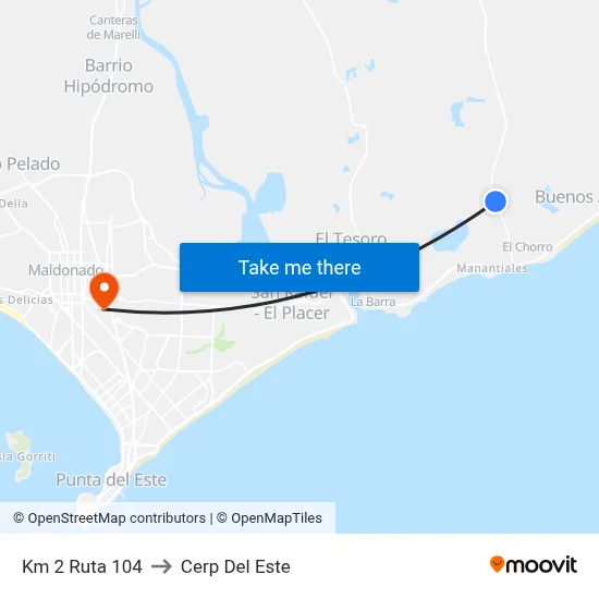 Km 2 Ruta 104 to Cerp Del Este map