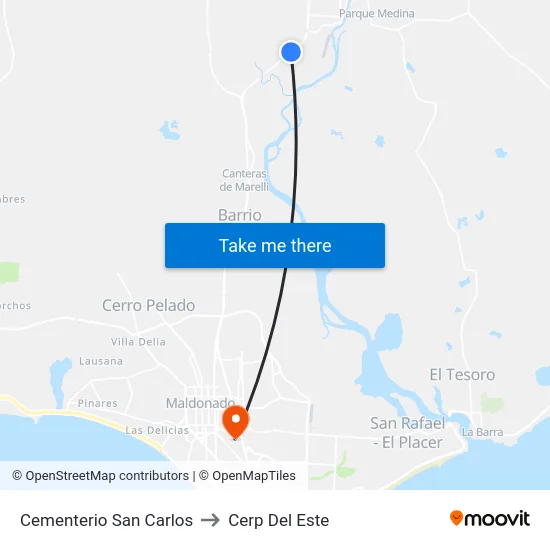 Cementerio San Carlos to Cerp Del Este map
