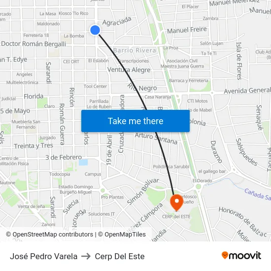 José Pedro Varela to Cerp Del Este map
