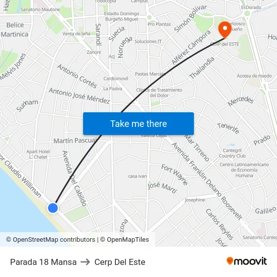 Parada 18 Mansa to Cerp Del Este map