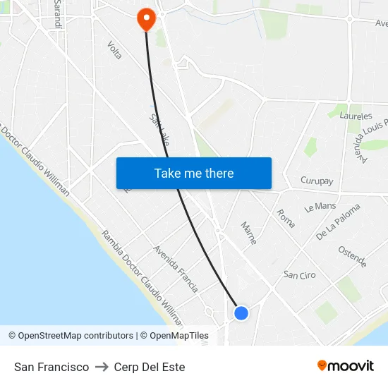 San Francisco to Cerp Del Este map