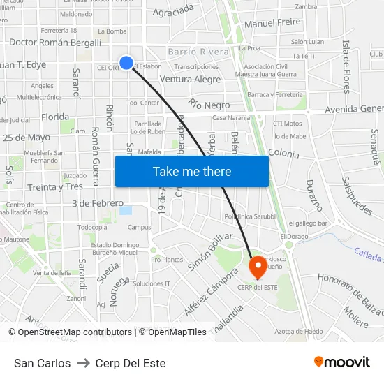 San Carlos to Cerp Del Este map