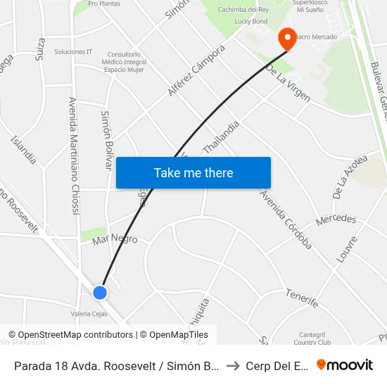 Parada 18 Avda. Roosevelt / Simón Bolívar to Cerp Del Este map