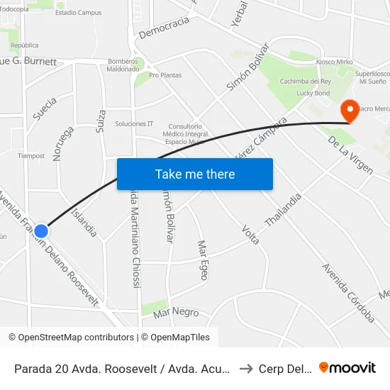 Parada 20 Avda. Roosevelt / Avda. Acuña De Figueroa to Cerp Del Este map