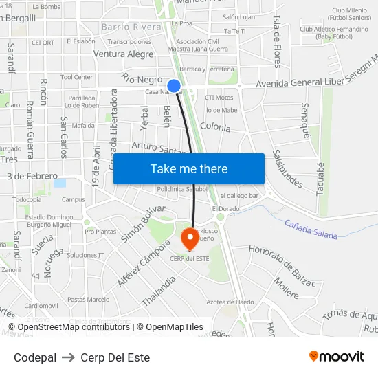 Codepal to Cerp Del Este map