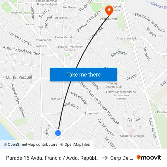 Parada 16 Avda. Francia / Avda. República Argentina to Cerp Del Este map