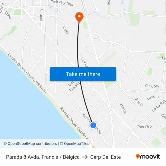 Parada 8 Avda. Francia / Bélgica to Cerp Del Este map