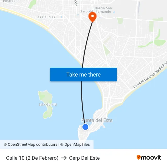 Calle 10 (2 De Febrero) to Cerp Del Este map