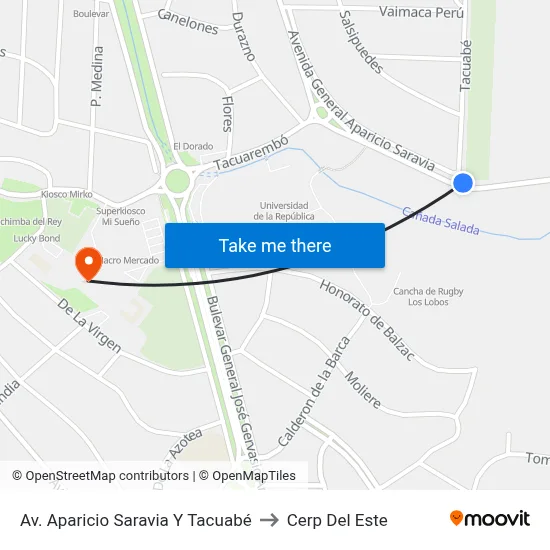 Av. Aparicio Saravia Y Tacuabé to Cerp Del Este map
