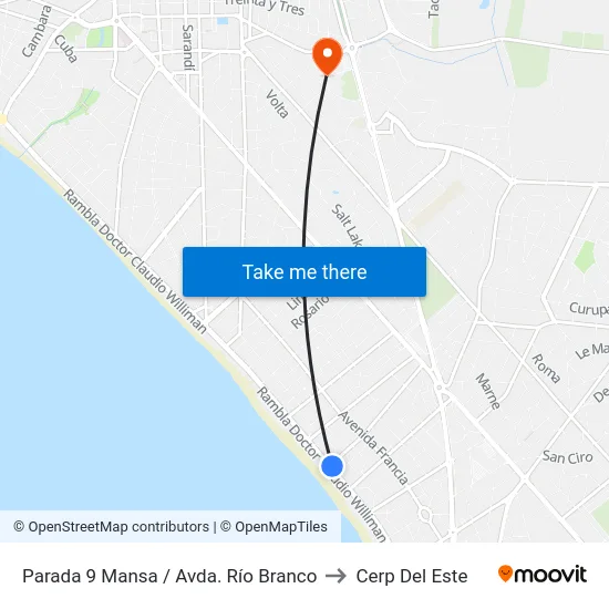 Parada 9 Mansa / Avda. Río Branco to Cerp Del Este map