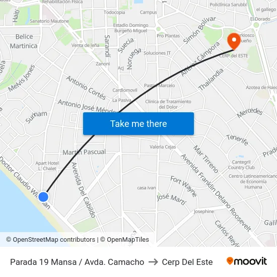 Parada 19 Mansa / Avda. Camacho to Cerp Del Este map