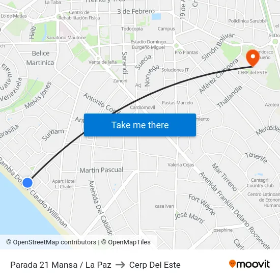 Parada 21 Mansa / La Paz to Cerp Del Este map