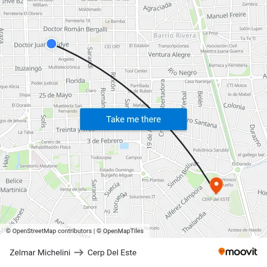 Zelmar Michelini to Cerp Del Este map