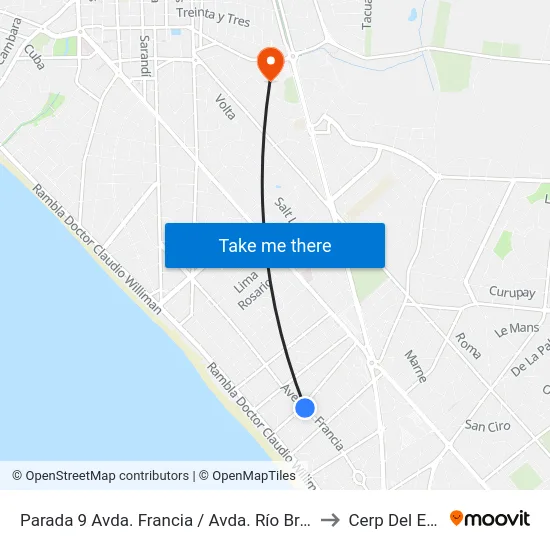 Parada 9 Avda. Francia / Avda. Río Branco to Cerp Del Este map