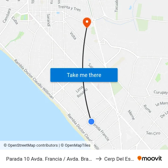 Parada 10 Avda. Francia / Avda. Brasil to Cerp Del Este map