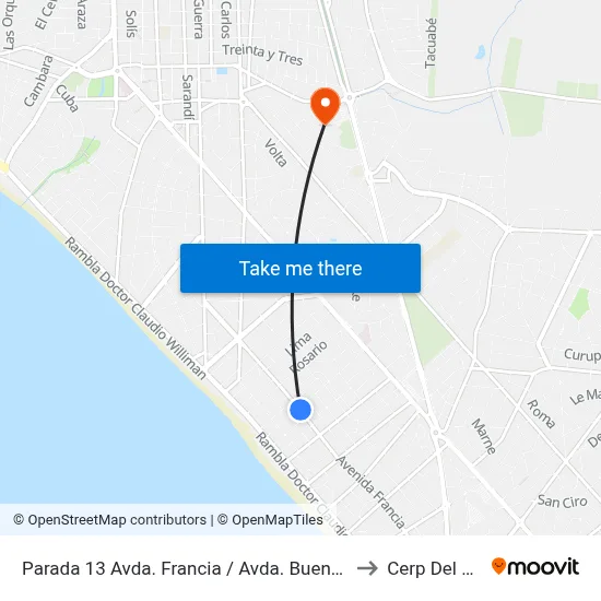 Parada 13 Avda. Francia / Avda. Buenos Aires to Cerp Del Este map