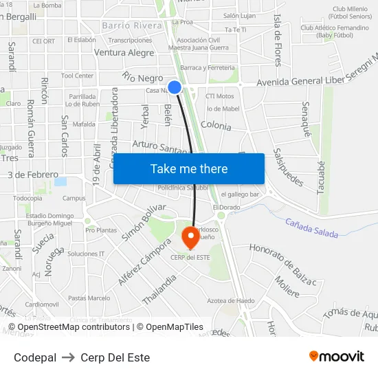 Codepal to Cerp Del Este map