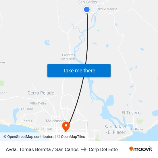 Avda. Tomás Berreta / San Carlos to Cerp Del Este map