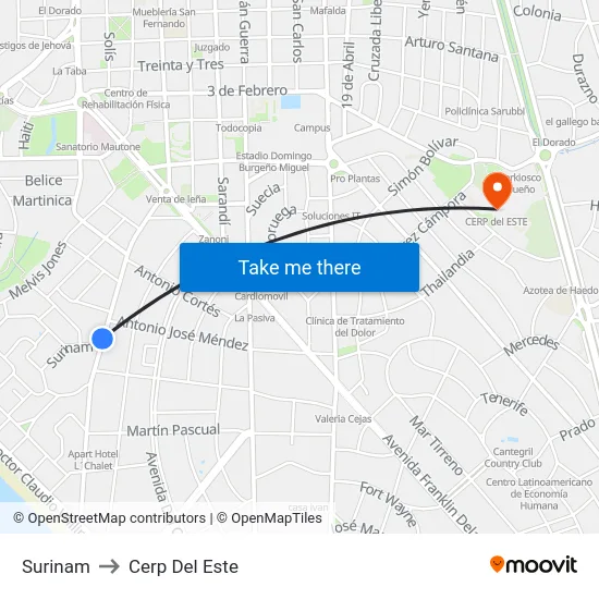 Surinam to Cerp Del Este map