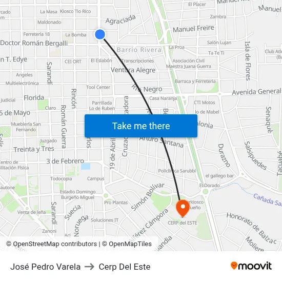 José Pedro Varela to Cerp Del Este map