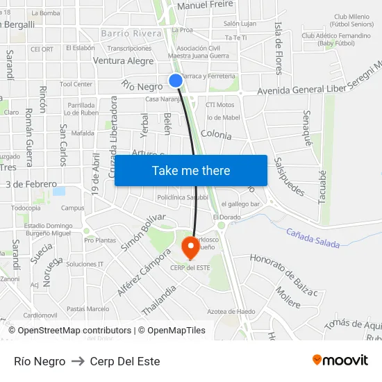 Río Negro to Cerp Del Este map