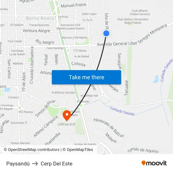 Paysandú to Cerp Del Este map