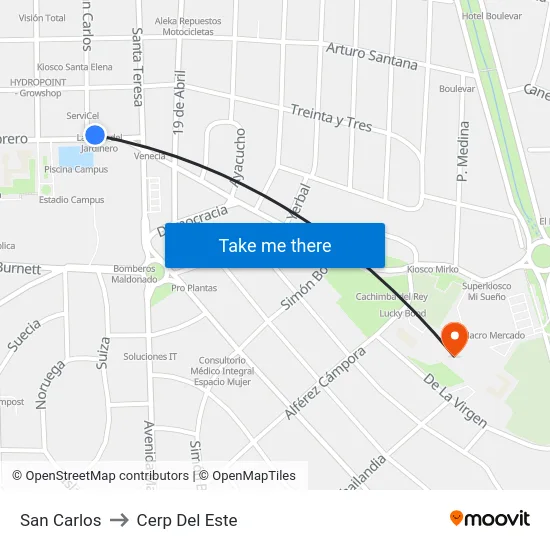 San Carlos to Cerp Del Este map