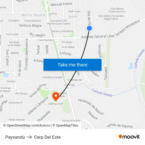 Paysandú to Cerp Del Este map