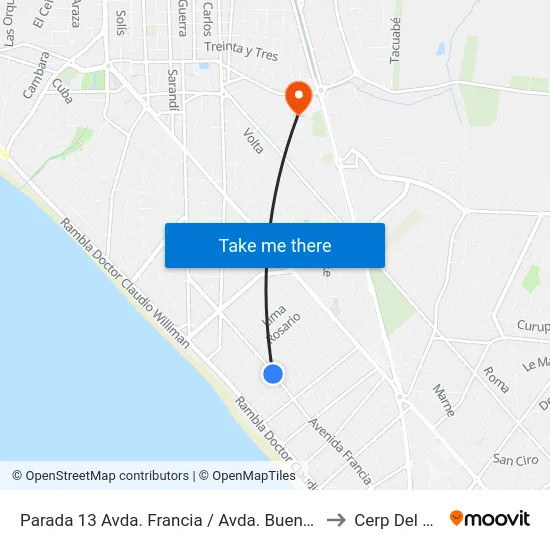 Parada 13 Avda. Francia / Avda. Buenos Aires to Cerp Del Este map