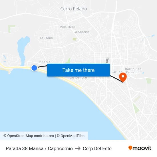 Parada 38 Mansa / Capricornio to Cerp Del Este map