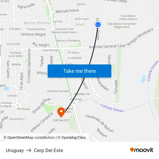Uruguay to Cerp Del Este map