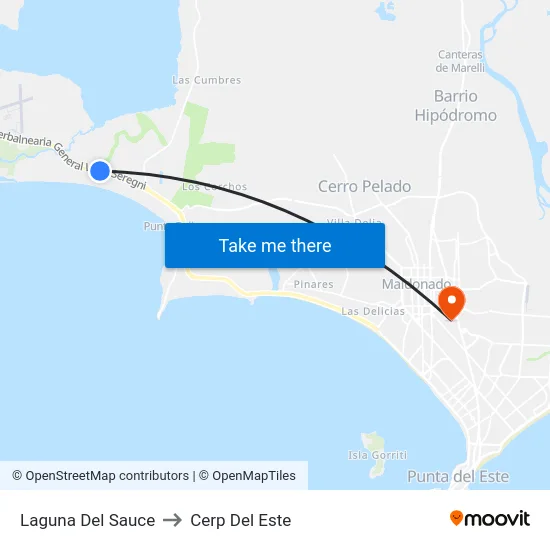 Laguna Del Sauce to Cerp Del Este map