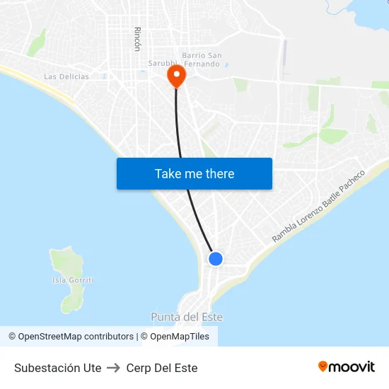 Subestación Ute to Cerp Del Este map