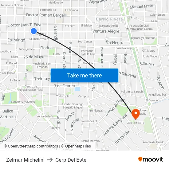 Zelmar Michelini to Cerp Del Este map