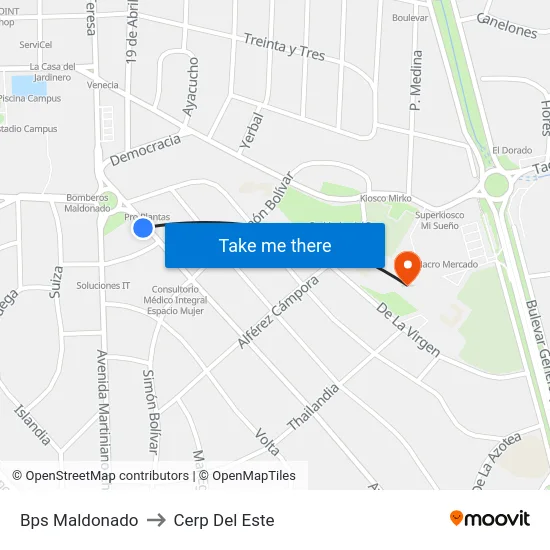 Bps Maldonado to Cerp Del Este map